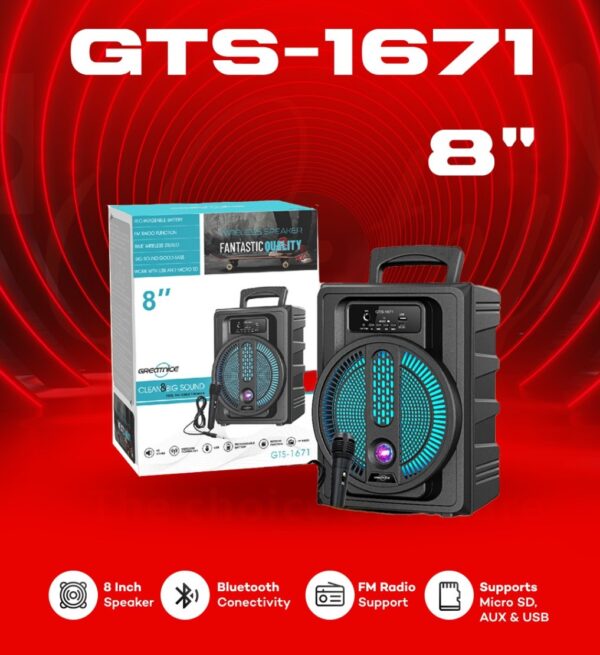 GTS-1671 Wireless portable rechargeble Speaker bluettoth FM Memory card USB With free Wired Microphone